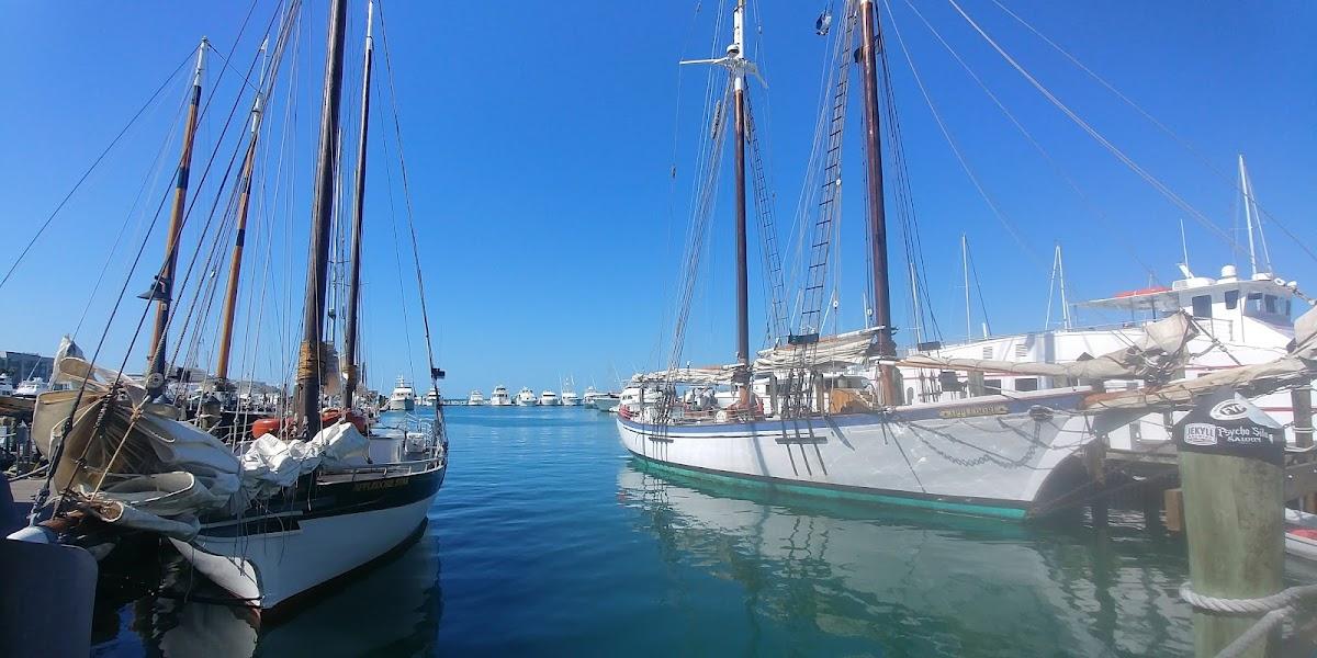 Scenic Key West historic seaport with sailboats docked in turquoise waters under a clear blue sky
